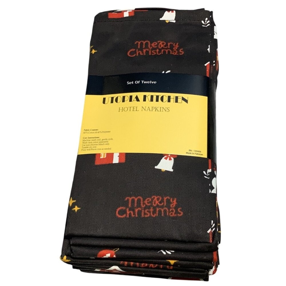 12 Utopia Kitchen Hotel Napkins Christmas Theme Cotton Blend Festive Print
